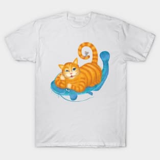 Orange tabby cat and blue catfish floating in a sea of joy T-Shirt